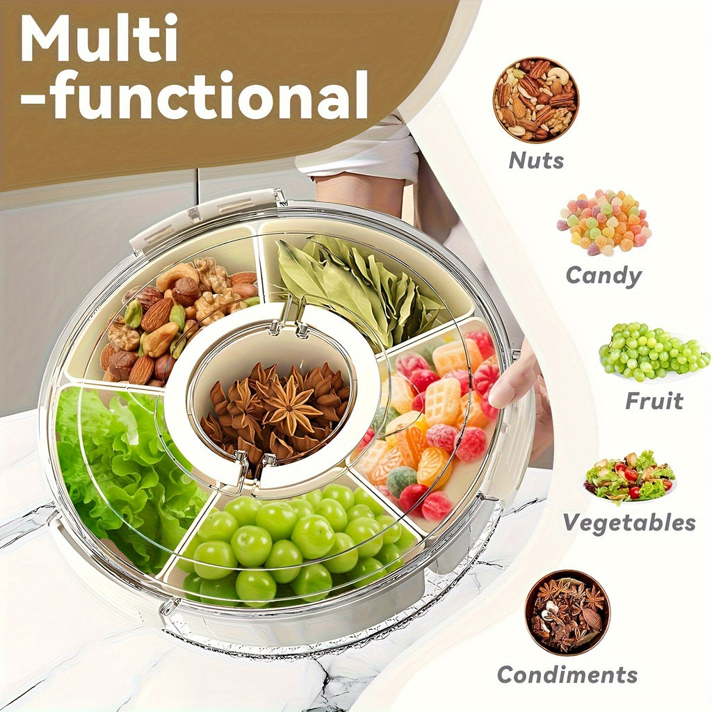 6 Grid Rotating Serving Tray with Lid and Handle 360 Rotatable Snack Organizer Box Portable for Camping Party Picnic RV Fridge Travel