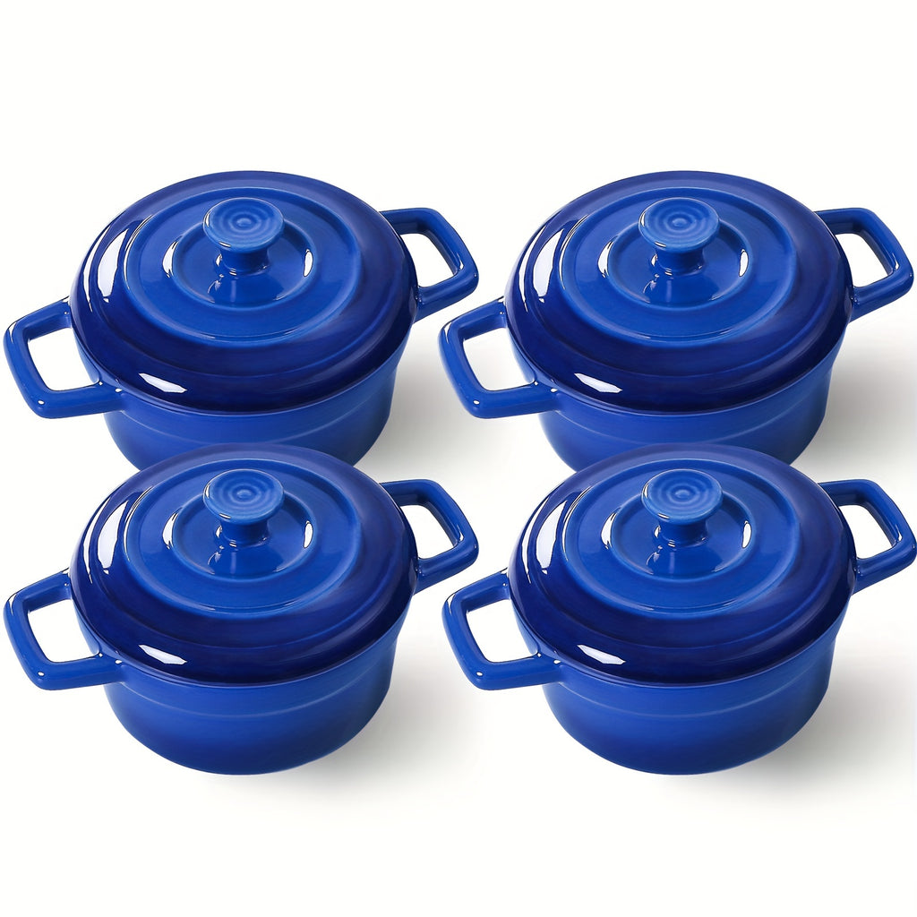 Mini Cocotte Set of 4 - 12oz Ceramic Casserole Dishes with Handles & Lids - Small Baking Ramekins Oven Microwave Dishwasher Safe, French Style Individual Serving Dishes, Red Blue White