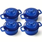 Mini Cocotte Set of 4 - 12oz Ceramic Casserole Dishes with Handles & Lids - Small Baking Ramekins Oven Microwave Dishwasher Safe, French Style Individual Serving Dishes, Red Blue White
