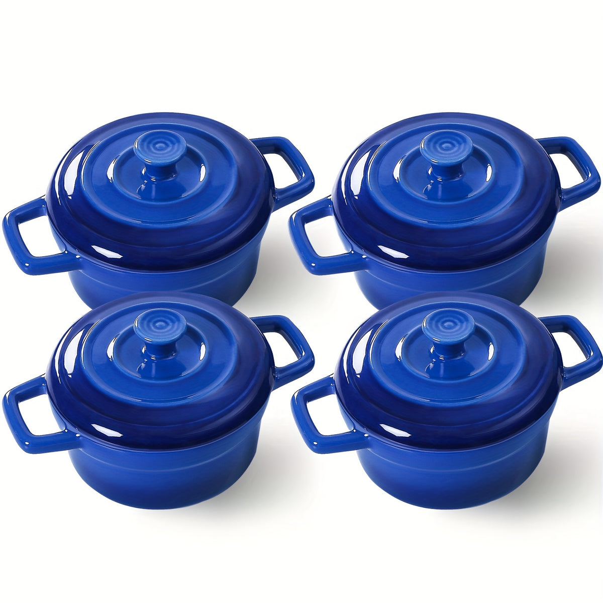Mini Cocotte Set of 4 - 12oz Ceramic Casserole Dishes with Handles & Lids - Small Baking Ramekins Oven Microwave Dishwasher Safe, French Style Individual Serving Dishes, Red Blue White
