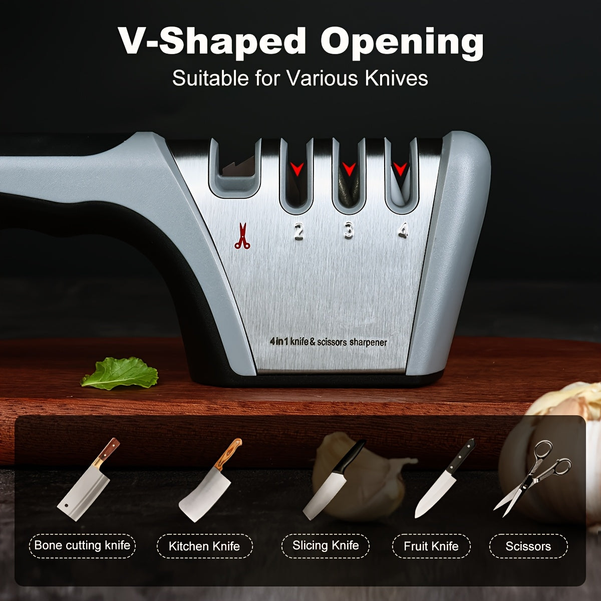 4-in-1 Manual Knife Sharpener with 4 Sharpening Stages – Sharpen, Hone & Polish Paring Knives, Kitchen Knives & Scissors | No Electricity Required