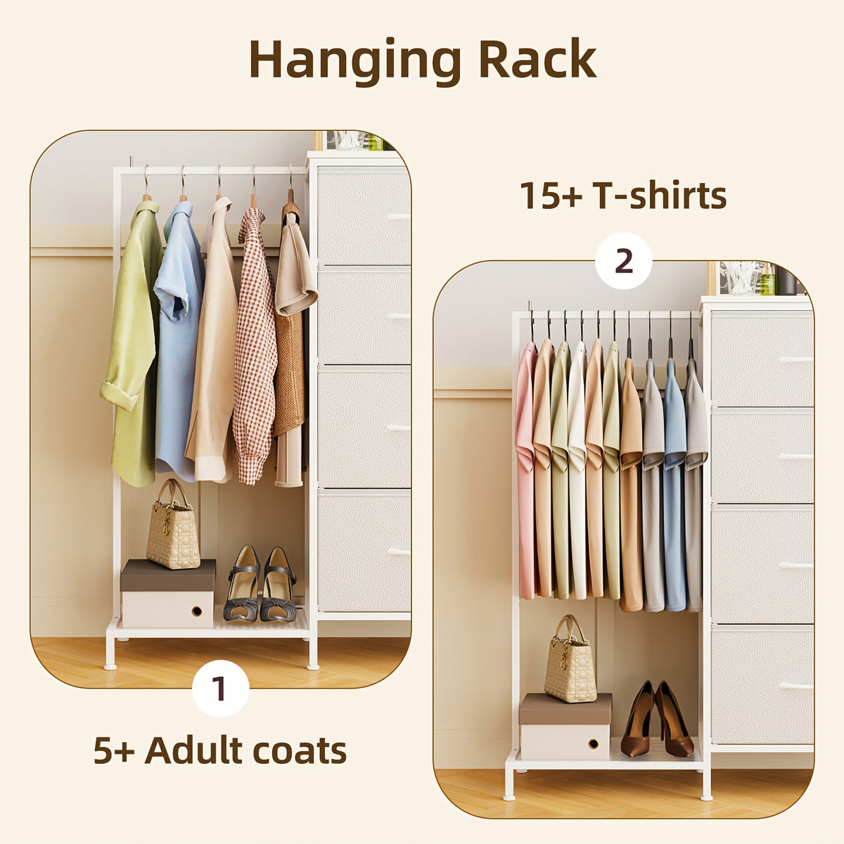 Fabric Dresser with Clothes Rack & Drawer Tower – 4 or 5 Drawers, Sturdy Frame, Optional LED Lighting & USB Charging Station for Bedroom
