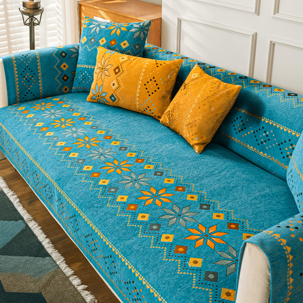 Chenille Sofa Cover Bohemian Geometric Slipcover | Light Breathable Non-Slip Machine Washable Couch Protector for 2/3/4 Seat L-Shape Sectional, Pet & Kid Friendly, White Green