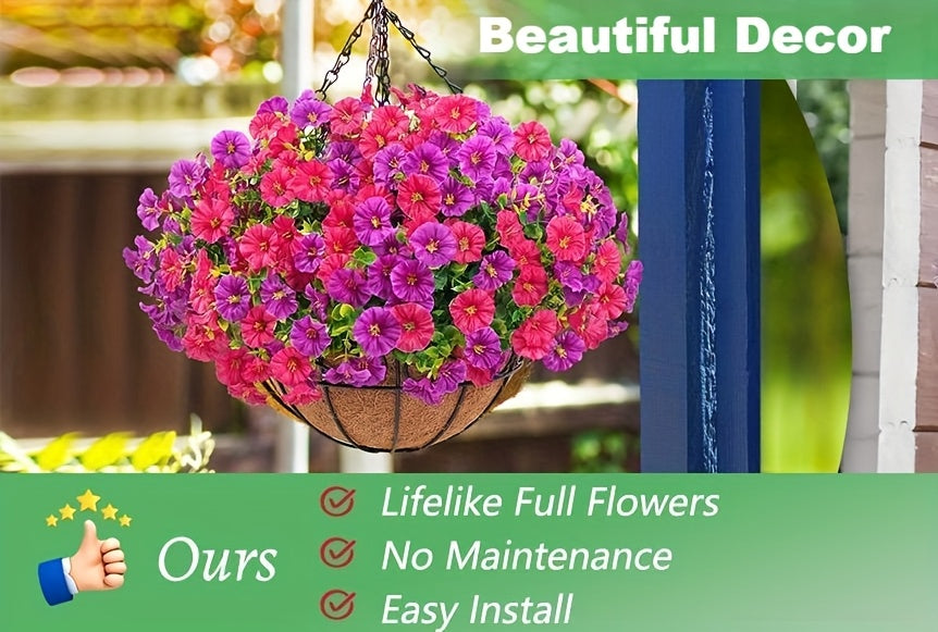 UV-Resistant Artificial Hanging Flowers with Container – Fake Petunia Hanging Plants in 6 Colors, Realistic Faux Blooms for Outdoor Garden, Patio, Porch, Balcony Railing, Wedding & Mother’s Day Decor