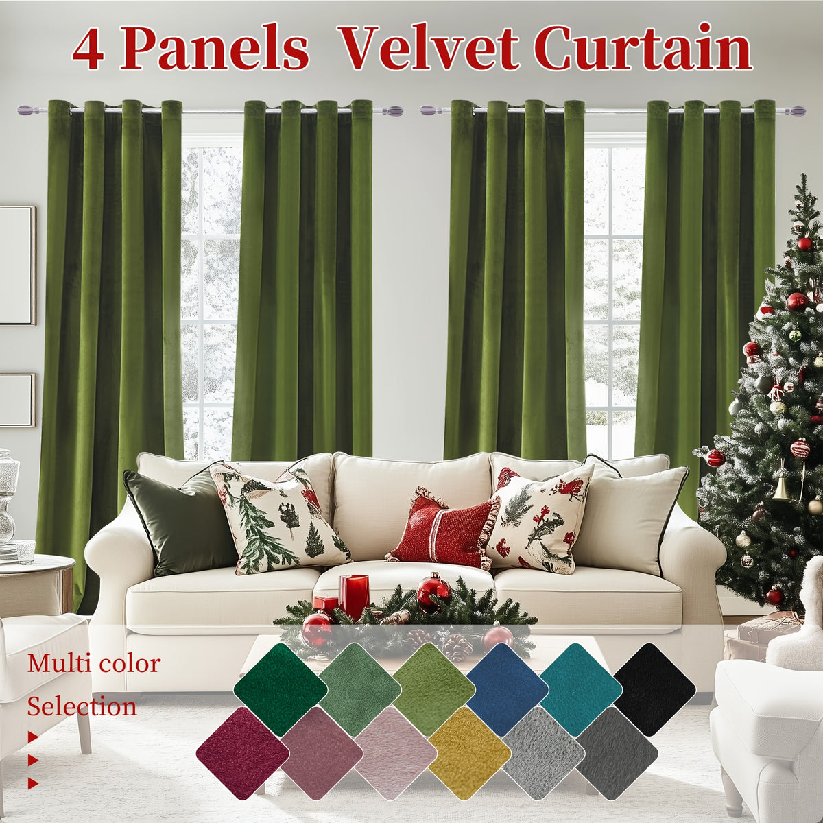 Blackout Velvet Curtains 4 Panels - Thermal Insulated Grommet Drapes, Noise Reducing Soft Window Curtains for Living Room Bedroom, Multiple Sizes & Colors