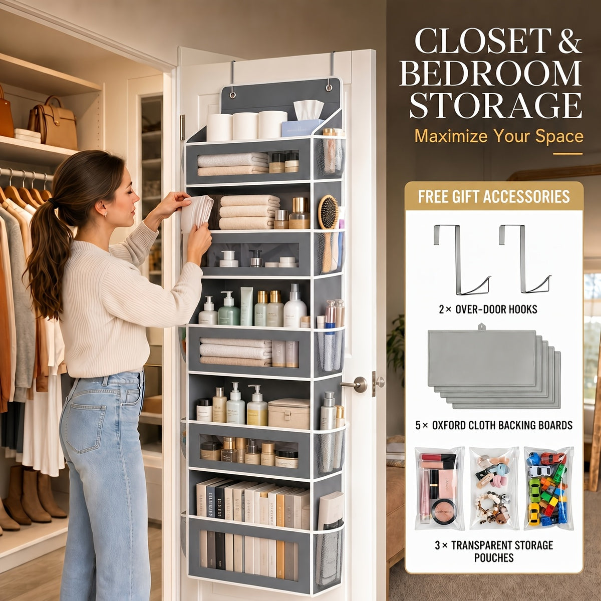 5-Shelf Over Door Hanging Organizer Non-Woven – No Drill Wall & Door Mount Storage Bag with Shelf Baskets for Bedroom, Bathroom & Closet