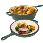 2-in-1 Enameled Cast Iron Dutch Oven Set – 3QT Pot + 1.5QT Skillet Lid, 3 Colors, Indoor Outdoor Frying Baking Stewing Grilling