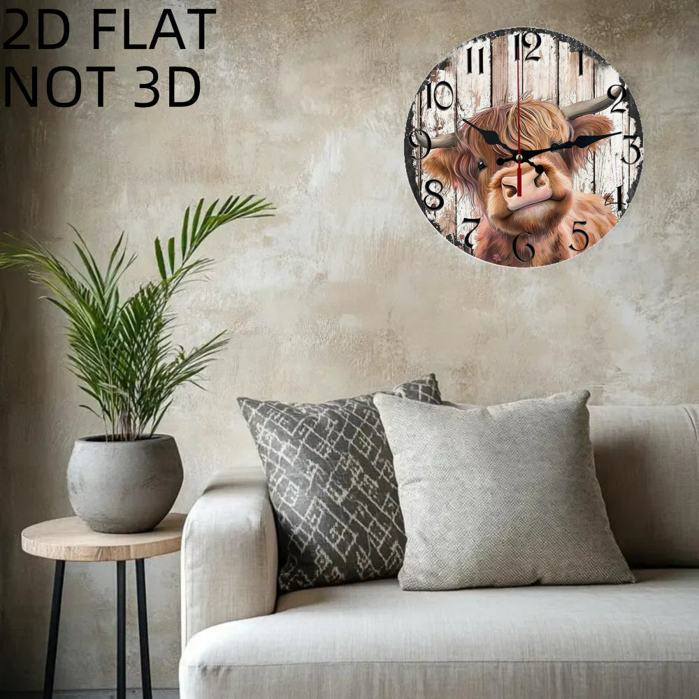 Cow Face Wooden Wall Clock Silent Non-Ticking 9.84 Inch Round Wood Clock for Living Room Bedroom Office Kitchen Farmhouse Home Decor Gift
