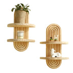 Boho Farmhouse Wood Floating Wall Shelves – 2-Layer Arc Design Wall-Mounted Storage Rack for Books, Plants & Decor in Bedroom, Bathroom, Kitchen & Living Room