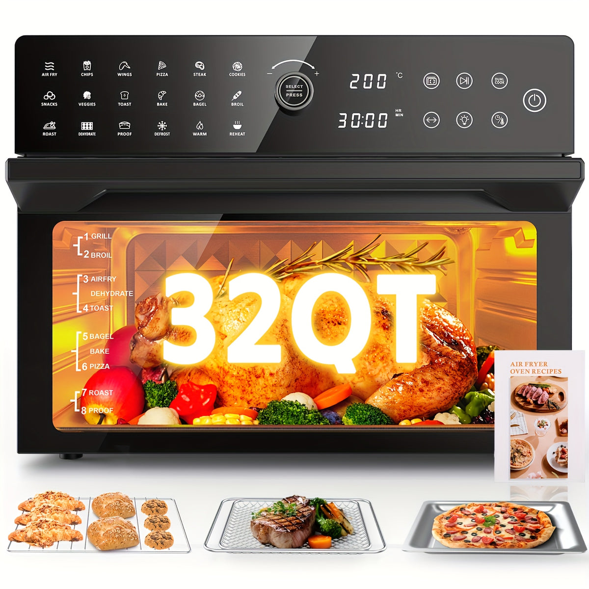 32-Quart 20-in-1 Air Fryer Oven & Toaster Oven Combo, 1800W, 360° Hot Air Circulation, 12 Cooking Modes, Clear Door, 13" Pizza Pan & 7 Accessories — Fits 13-lb Turkey, 86–450°F, Black