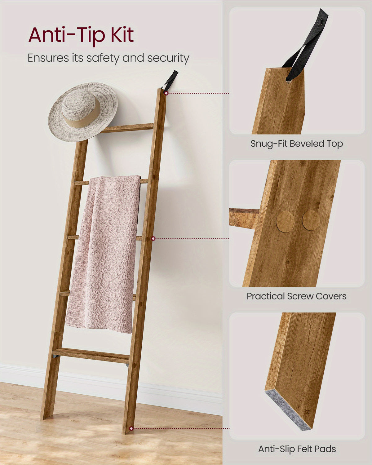 Blanket Ladder 5 Tier Farmhouse Decorative, Wood Ladder Rack for Blankets Towels & Quilts, 2-in-1 Ladder Shelf for Living Room Bedroom Bathroom Storage & Decor, Maroon Brown, Holds 17.6 lbs