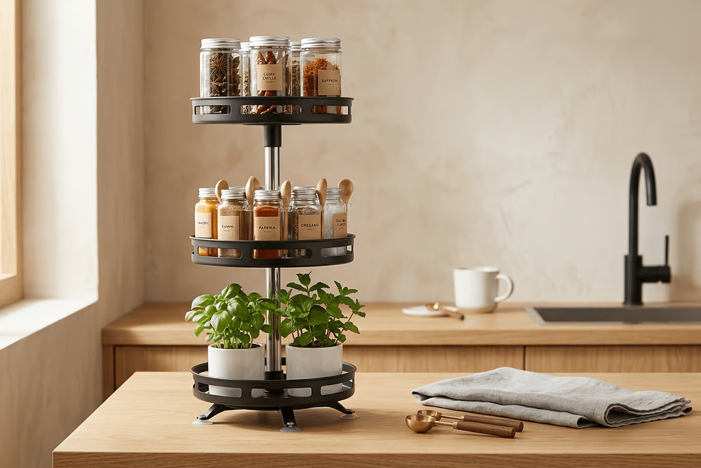 3-Tier Rotating Spice Rack – Metal Turntable Countertop Spice Jar Organizer for Kitchen, Seasoning Storage Rack, Sleek Black Finish