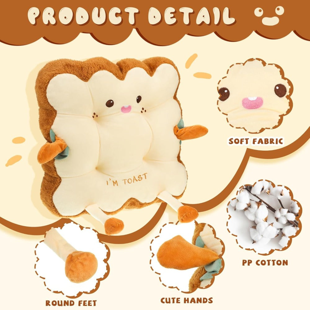 Kawaii Toast Chair Cushion Bread Shaped Plush Seat Pillow for Office Desk, Car, Sofa & Bedroom, Cute Food Throw Pillow, Fun Birthday Christmas Gift Idea for Girls, Kids & Friends