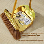 Premium Golden Stainless Steel Broom with Microfiber Bristles & 15° Angled V-Edge Dustpan – Floor-Safe, Hair-Trapping, Rubberized Bumper for Indoor & Outdoor Sweeping | Broom Only or Set