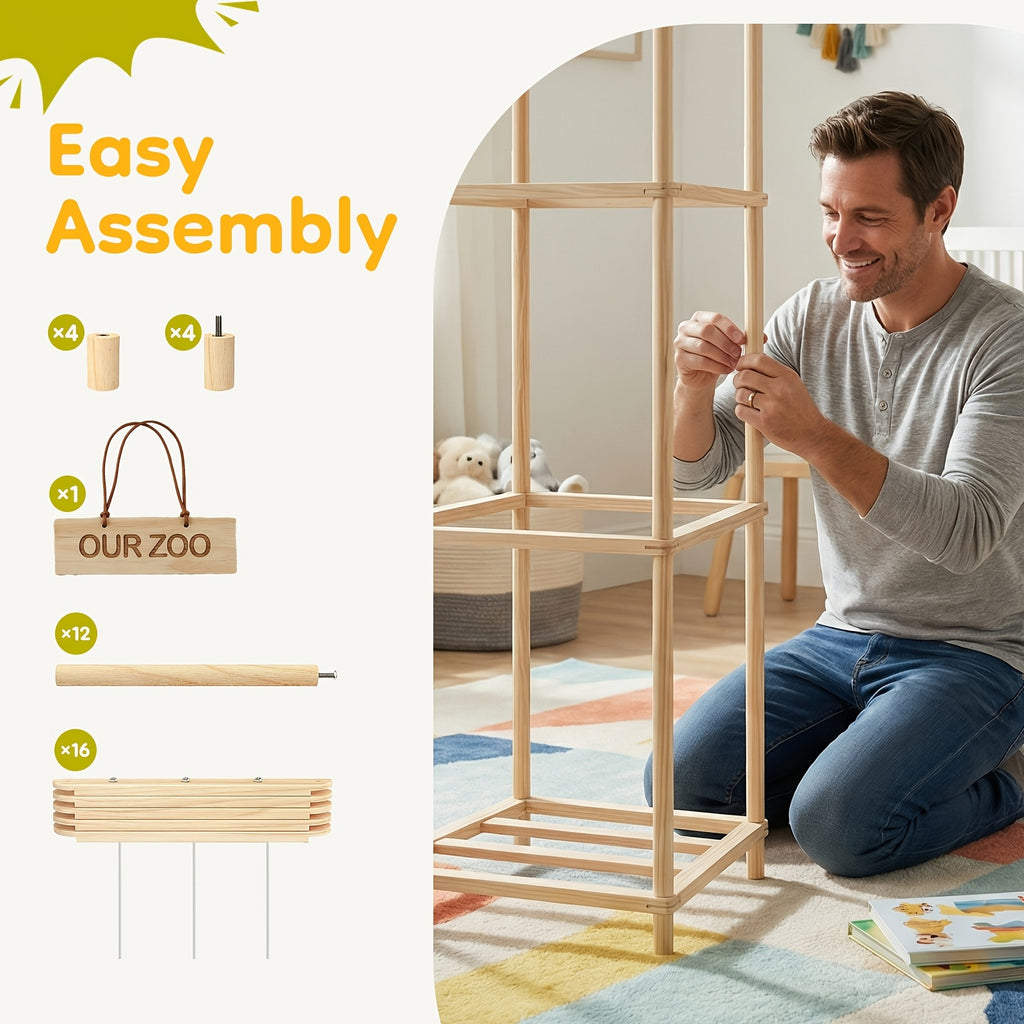 Wooden Stuffed Animal Storage Organizer for Kids, Large Plush Toy Zoo Holder, Space-Saving Corner Rack for Playroom, Bedroom, Nursery & Kids Room, Natural Wood Finish
