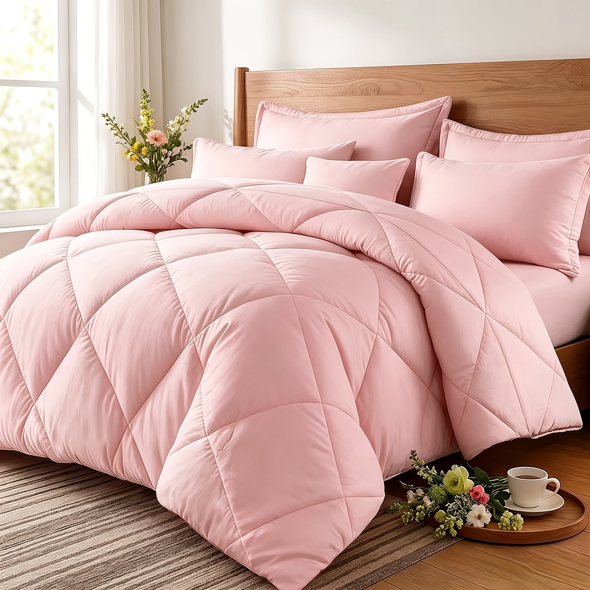 Quilt Set 3 Piece Lightweight Breathable Comforter with Pillowcases - Diamond Pattern Ultra-Fine Fiber Soft Bedding Set 42 Colors Twin Queen King Pinch Pleat