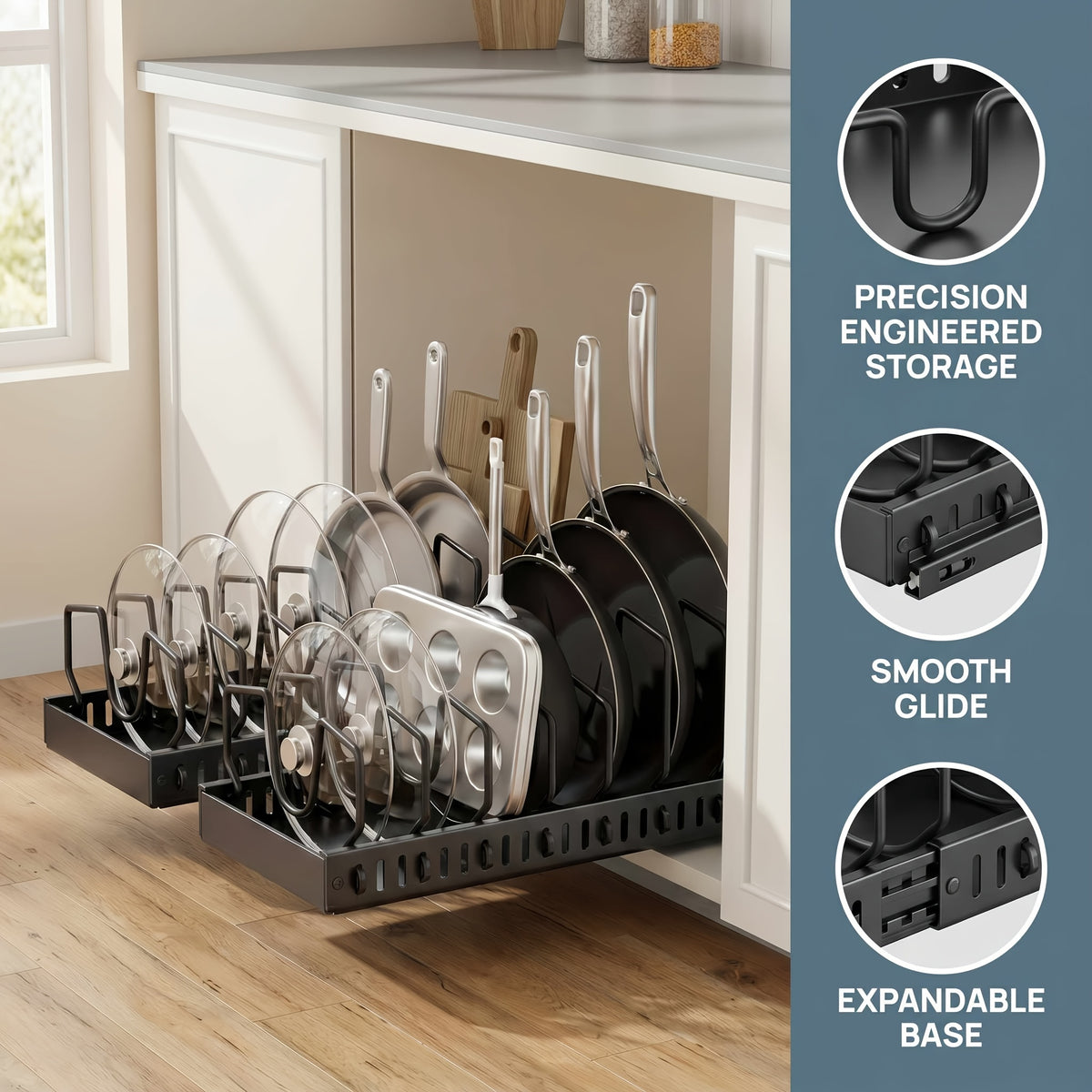 Pull Out Cabinet Organizer Under Cabinet Pot and Pan Rack Sliding Storage with Adjustable Dividers for Pot Lids Bakeware Plates
