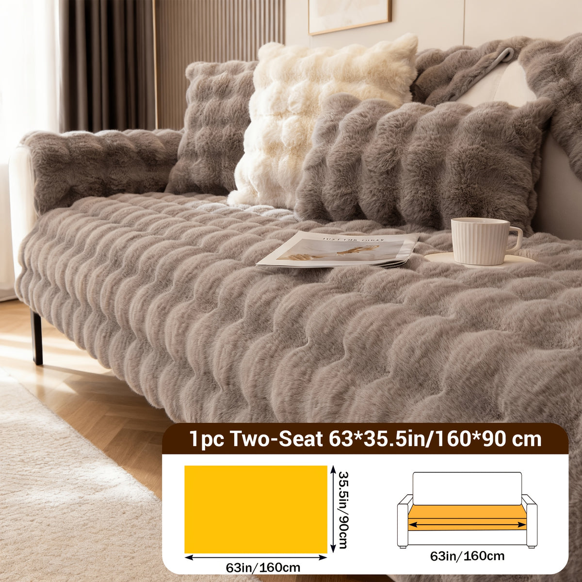 Bubble Faux Rabbit Fur Sofa Cover Non-Slip Stretchable 3/4 Seat Slipcover – Silicone Grip Breathable Furniture Protector for Living Room, Bed & Dorm, Machine Washable in Beige, Dark Grey & Khaki