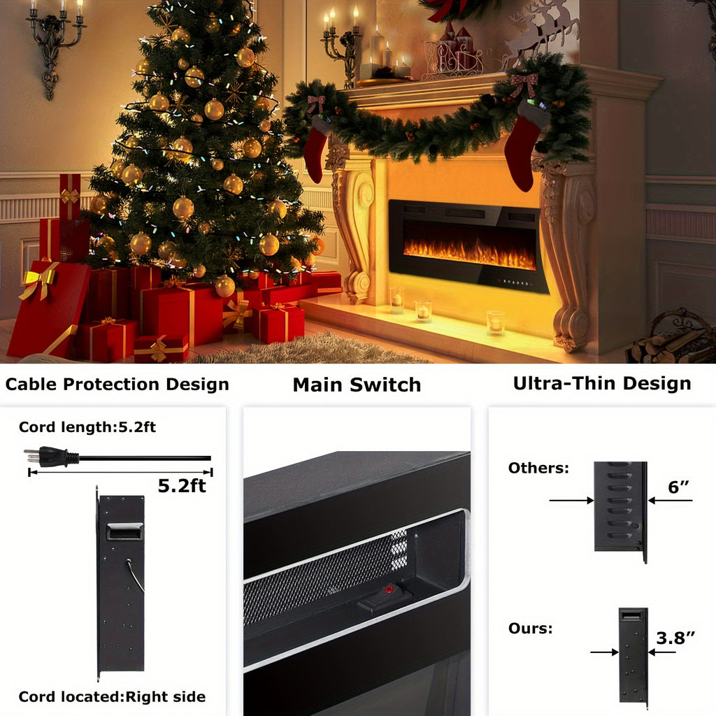 Vitesse Ultra-Thin Electric Fireplace In-Wall Recessed & Wall Mounted Linear Heater Multicolor Flame Timer 750W/1500W Touch Screen Remote Control