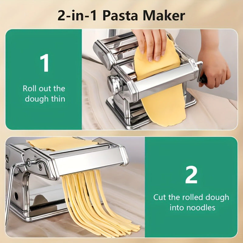 Manual Pasta Maker Machine Stainless Steel – 9 Adjustable Thickness Settings Noodle Cutter for Spaghetti, Fettuccine, Lasagna & Dumpling Wrappers, Durable Kitchen Tool