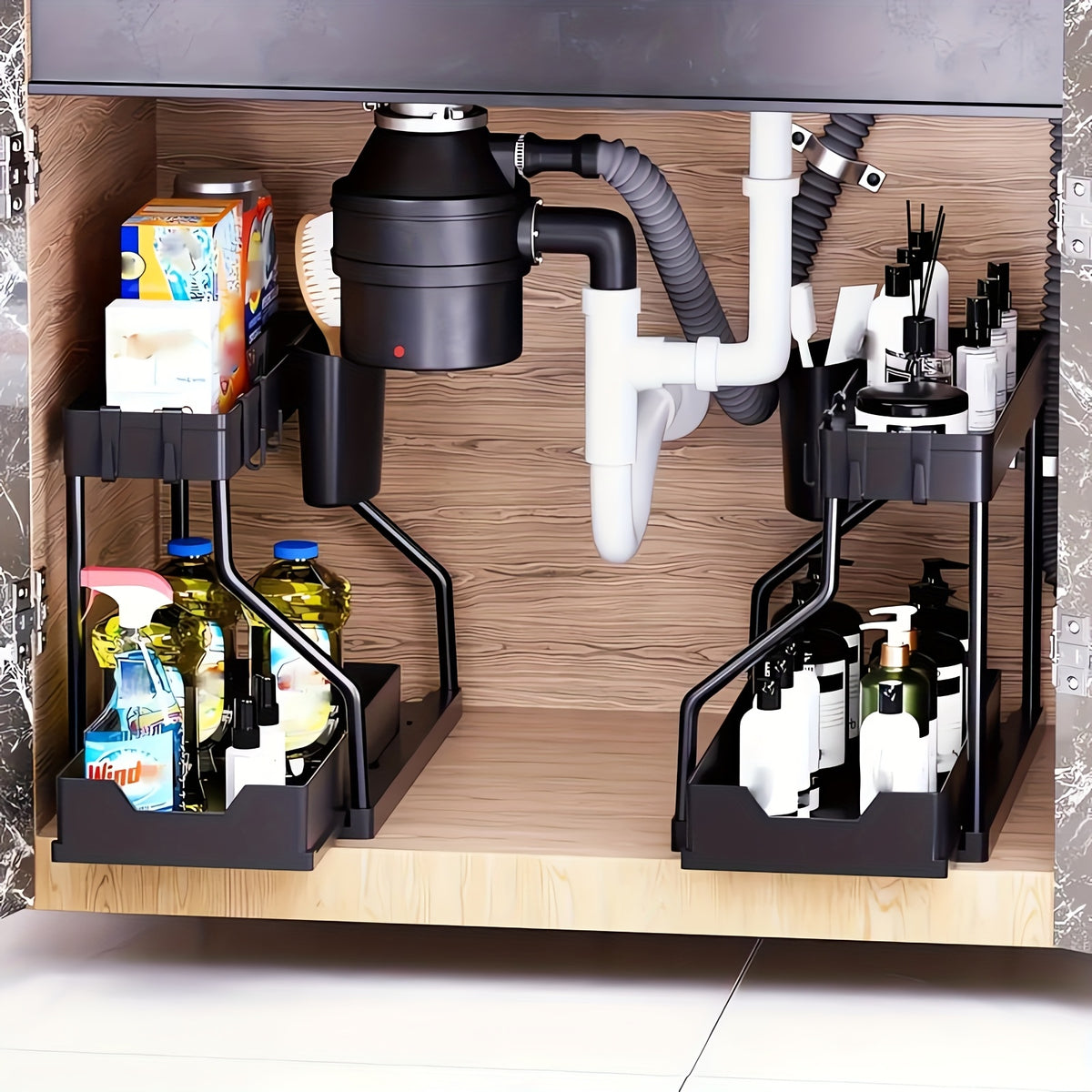 Under Sink Organizer with Sliding Shelves 2 Pack Multi-Purpose Plastic Cabinet Storage Basket for Bathroom Kitchen Black White Durable Construction