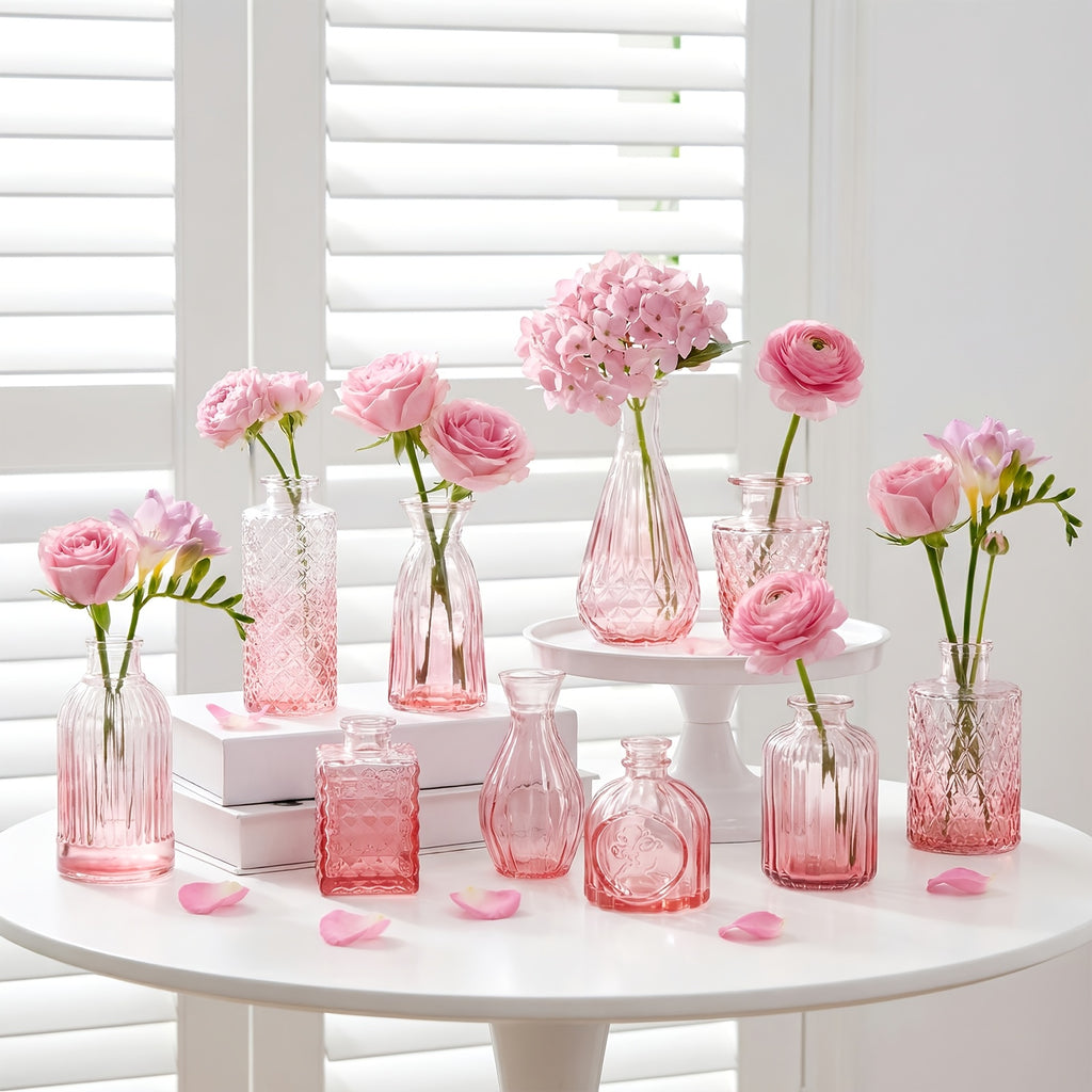 Pink Teardrop Glass Bud Vases 12/36pcs – Vintage Carved Glass Flower Vases for Wedding Decoration, Bridal Shower, Home Table Flower Arrangements & Party Favors