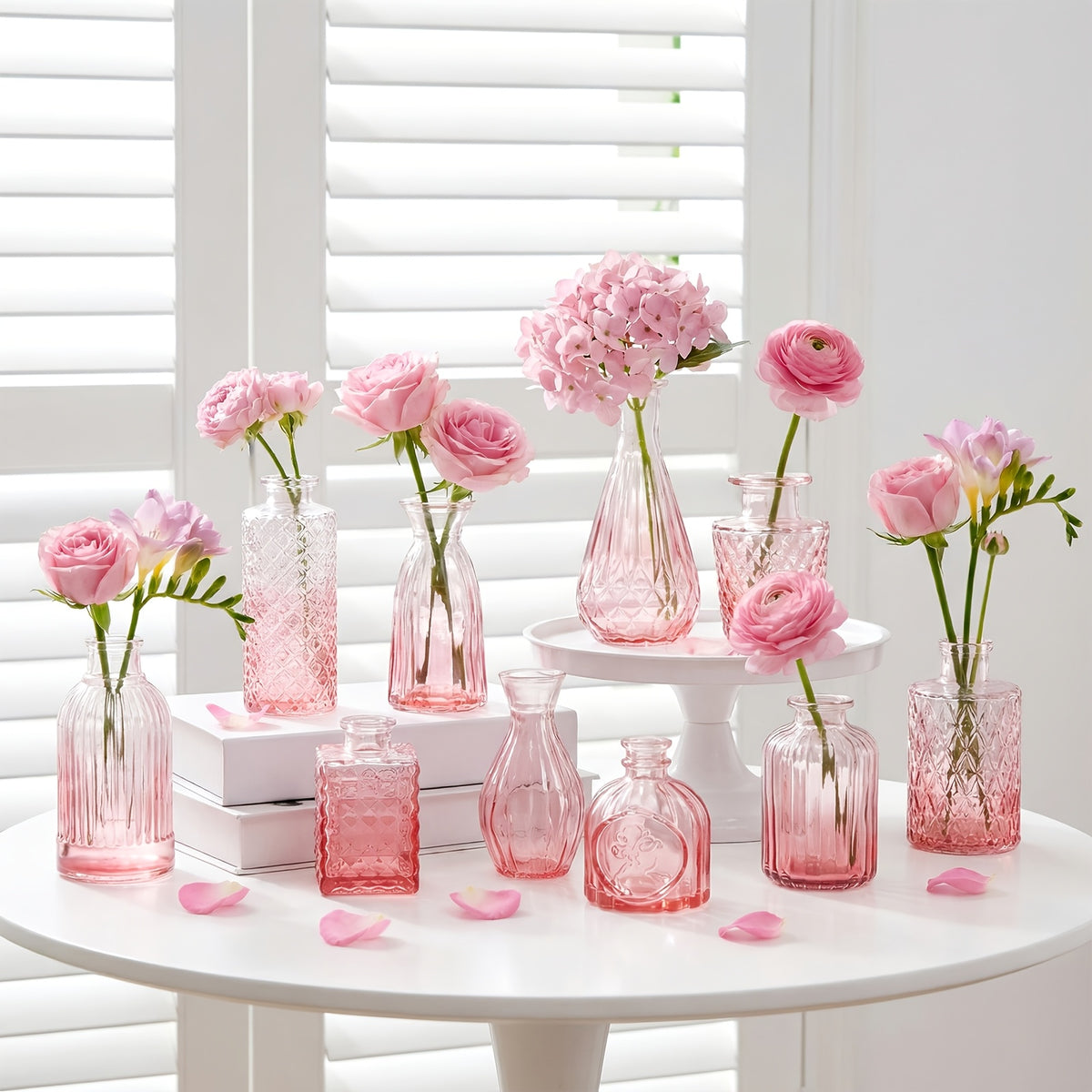 Pink Teardrop Glass Bud Vases 12/36pcs – Vintage Carved Glass Flower Vases for Wedding Decoration, Bridal Shower, Home Table Flower Arrangements & Party Favors