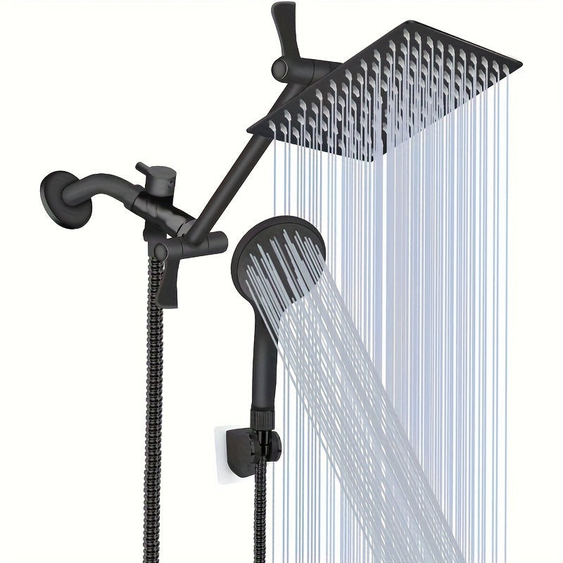High Pressure Rainfall & Handheld Shower Head Combo, 9 Spray Settings, 11" Extension Arm, Leak-Proof Wall-Mounted, Height & Angle Adjustable, Holder & Hose Included – Chrome & Black, 8"/10"/12"