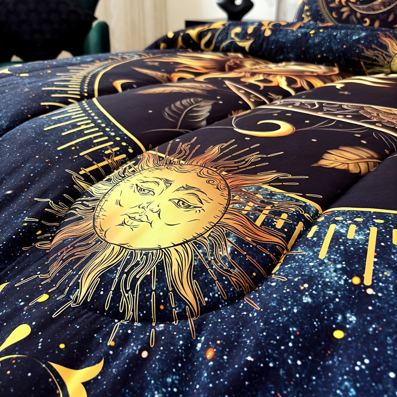 Sun Moon Planet Quilt Set 3 Piece – Golden Celestial Digital Print 180GSM Comforter with 2 Pillowcases, Soft Breathable Bedroom Dorm Decor Bedding King Size