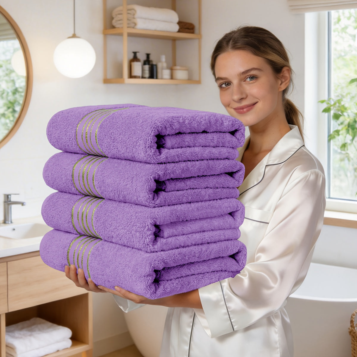 Luxury Bamboo Cotton Bath Towel Set 4 Pack – 620GSM Super Soft Quick-Dry Absorbent Towels for Bathroom, Spa, Gym & Travel – Purple, Pink, Navy, Gray, Blue