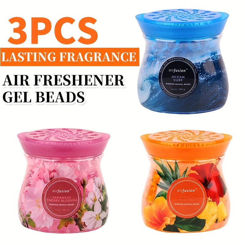 Odor Eliminator Gel Beads Air Freshener 3-Pack 14 oz Each – Essential Oil Formula, Mango Maitai, Cherry Blossom & Ocean Surf Scents for Bathroom, Car, RV & Pet Areas