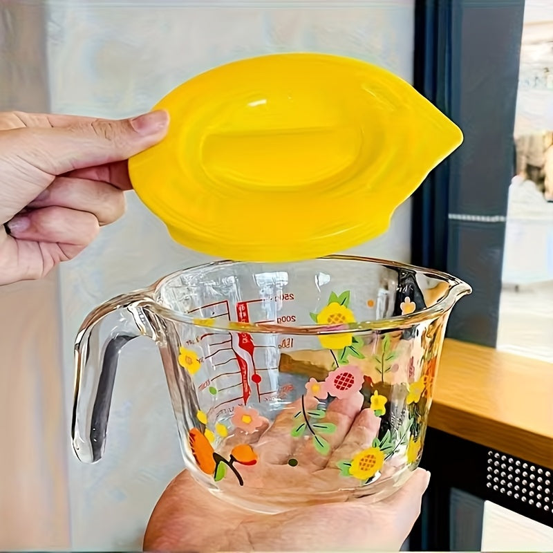 Lidded Floral Glass Measuring Cup Set – Heat-Resistant, Microwave-Safe, BPA-Free with Handle & Clear Markings for Baking & Cooking