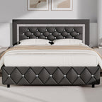 Upholstered Bed Frame with Diamond Tufted Headboard & Footboard – Faux Leather, Wooden Slats, No Box Spring Needed | Twin Full Queen King