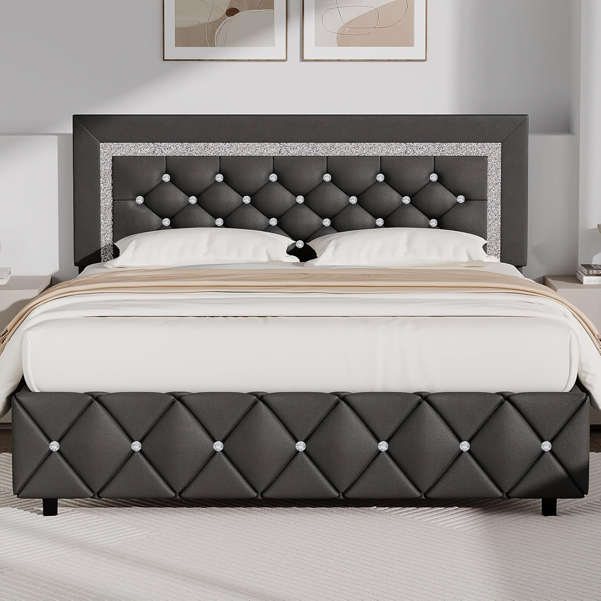 Upholstered Bed Frame with Diamond Tufted Headboard & Footboard – Faux Leather, Wooden Slats, No Box Spring Needed | Twin Full Queen King