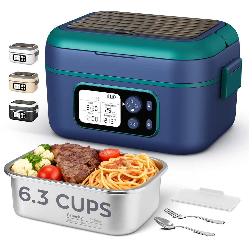 Cordless Electric Heating Lunch Box 1.5L/50.72oz - 304 Stainless Steel, 24000mAh Rechargeable Battery, Adjustable Temp & Timer, Office Picnic Car Travel, Fork Spoon Divider Included, Black White Yellow Blue