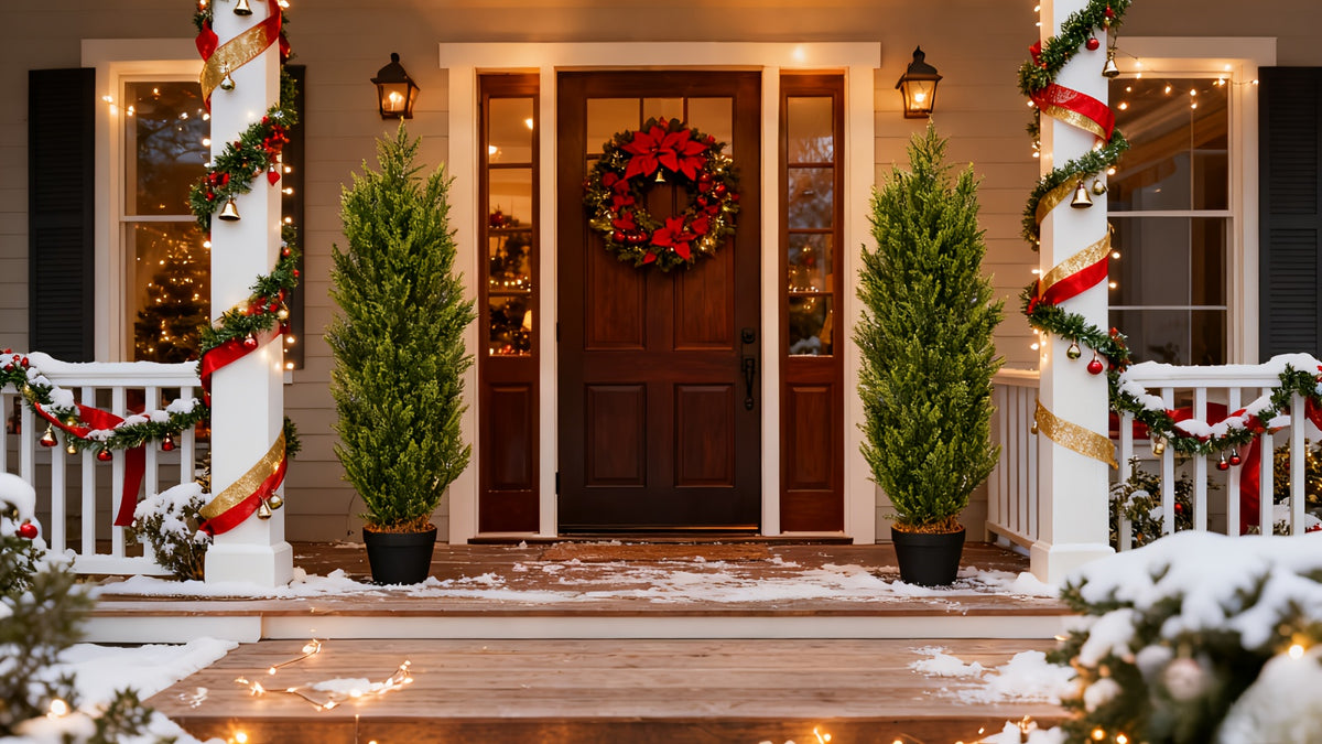 Artificial Pine Tree Set of 2 – Faux Greenery Shaped Christmas Trees for Indoor & Outdoor, Courtyard, Front Door & Holiday Decor