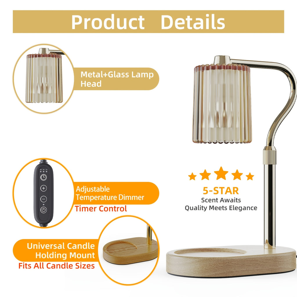 Crystal Lampshade Candle Warmer Lamp with Timer, Height & Light Adjustable Wax Melt Warmer for Jar Candles, Flameless Candle Heater for Bedroom & Living Room, Birthday & Mother's Day Gift for Women (No Bulb Included)