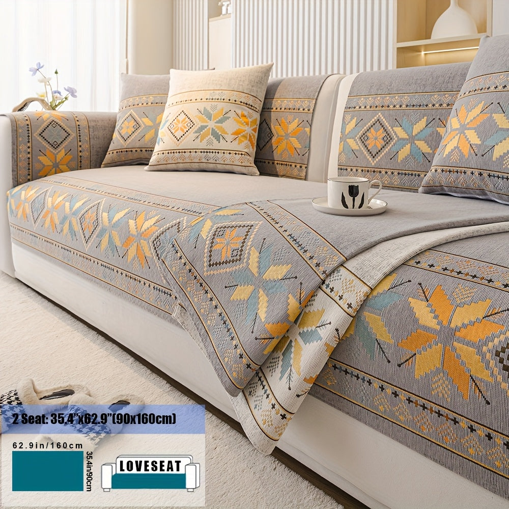 Chenille Sofa Slipcover Non-Slip Removable Couch Cover, 100% Polyester Boho Vintage Style Sofa Towel for 1 to 4-Seater Sofas & Armrests, Four Seasons Universal Home Decor in Dark Gray, Light Gray & Blue