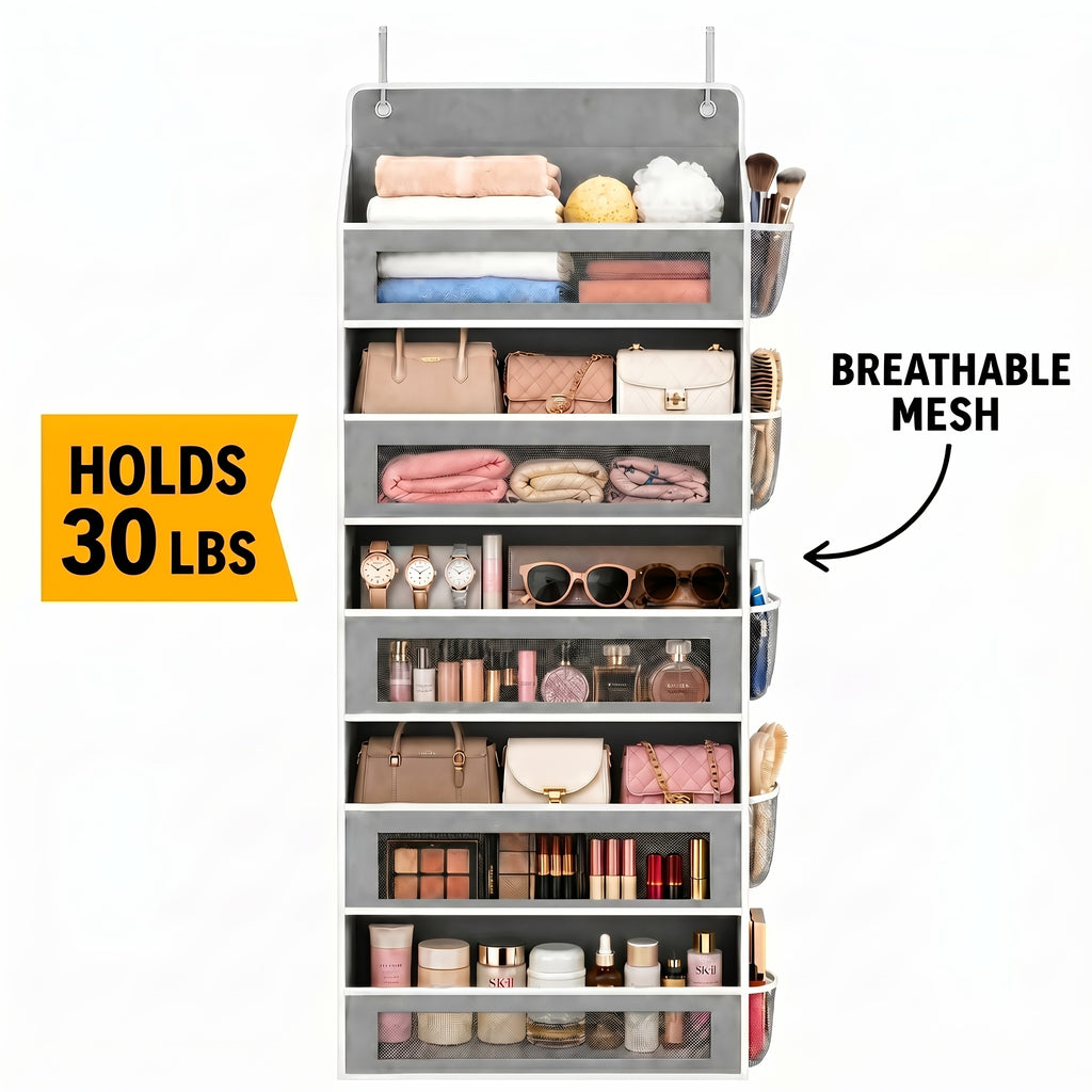 5-Shelf Over Door Hanging Organizer Non-Woven – No Drill Wall & Door Mount Storage Bag with Shelf Baskets for Bedroom, Bathroom & Closet
