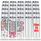 20oz Sublimation Tumblers Bulk 25 or 50 Pack – Skinny Straight Stainless Steel Insulated Sublimation Blanks with Lid & Straw, Gift Box Included
