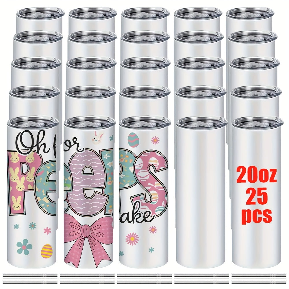 20oz Sublimation Tumblers Bulk 25 or 50 Pack – Skinny Straight Stainless Steel Insulated Sublimation Blanks with Lid & Straw, Gift Box Included