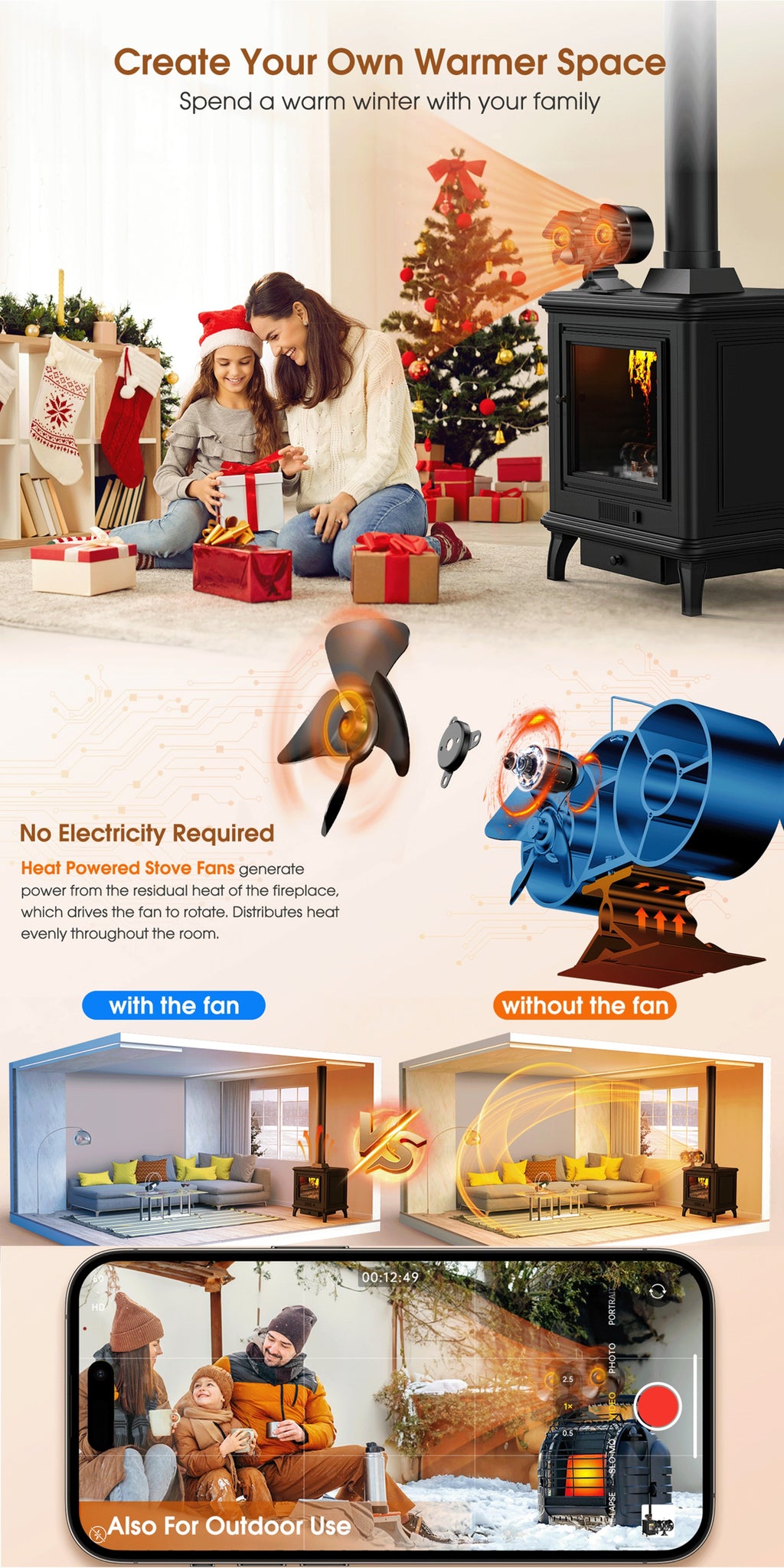 Wood Stove Fan 8-Blade Dual Motor Heat Powered Fireplace Fan for Wood Log Burner Stove Buddy Heater No Electricity Required Silent Operation Model 800B7 500J