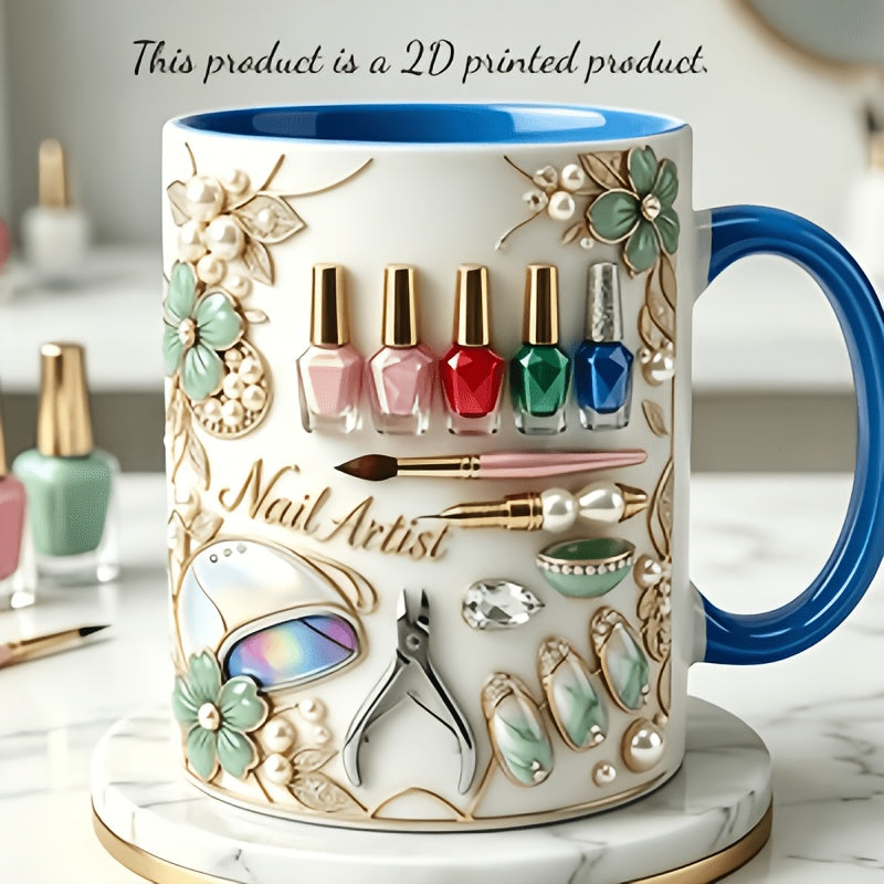 Nail Polish Ceramic Coffee Mug 11oz – Funny 3D Effect Manicure Cup, Two-Color Handle, Dishwasher Safe, Gift for Nail Techs & Beauty Lovers, Home Office Decor