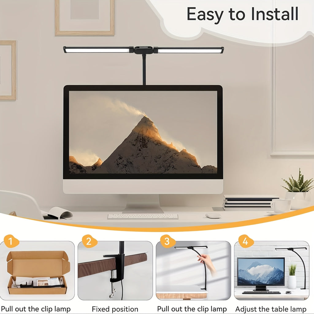 Dual Head LED Desk Lamp Touch Dimmable Gooseneck with Clip & Base USB 13W 3 Color Modes 10 Brightness Levels for Home Office Study Gaming