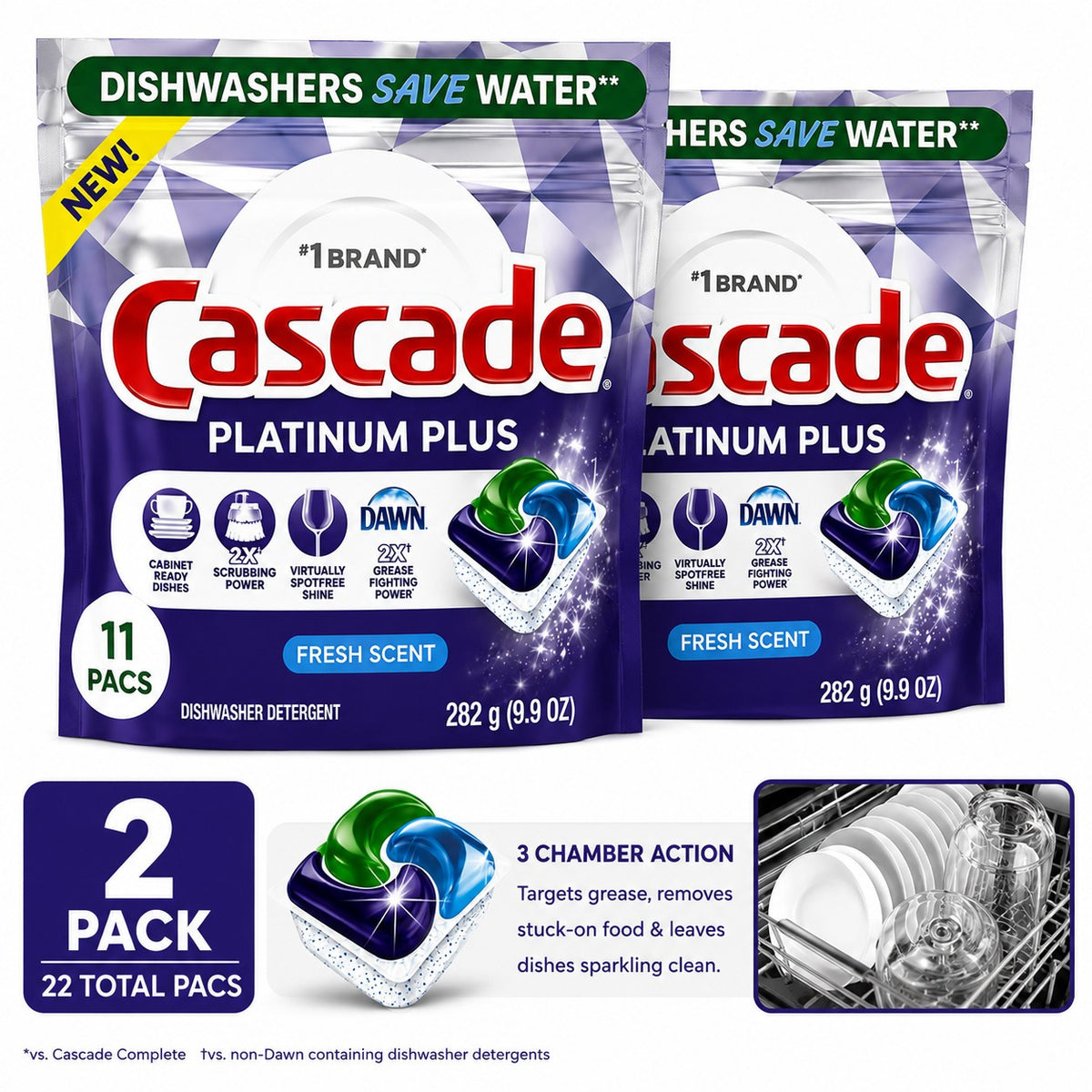 Dishwasher Detergent Pods Fresh Scent 22 Count 2-Pack Grease-Fighting ActionPacs for Sparkling Spot-Free Dishes All Standard Dishwashers Pre-Measured