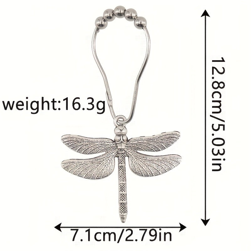 Dragonfly Shower Curtain Hooks Set of 12 – Decorative Metal Anti-Rust Spring Insect Theme Ball Sliding Easy Install Bathroom Rings, Silver or Black