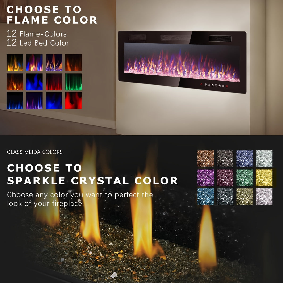 Vitesse Ultra-Thin Electric Fireplace In-Wall Recessed & Wall Mounted Linear Heater Multicolor Flame Timer 750W/1500W Touch Screen Remote Control