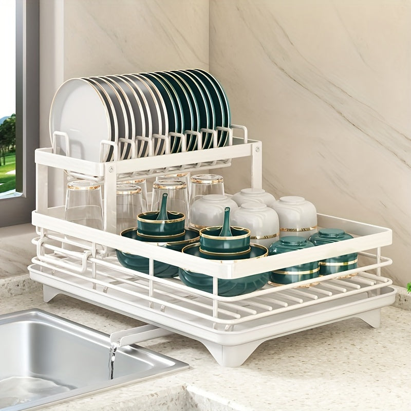 2-Tier Dish Drying Rack with Drainboard - Large Capacity Kitchen Counter Dish Drainer with Utensil Holder - Space-Saving Dish Rack for Kitchen Sink and Counter