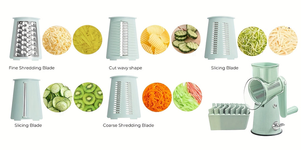 5-in-1 Rotary Cheese Grater with Interchangeable Blades, Suction Cup Base & Handle – Manual Vegetable Slicer Shredder for Cheese, Fruits, Nuts & Vegetables – Easy Clean Kitchen Tool Set