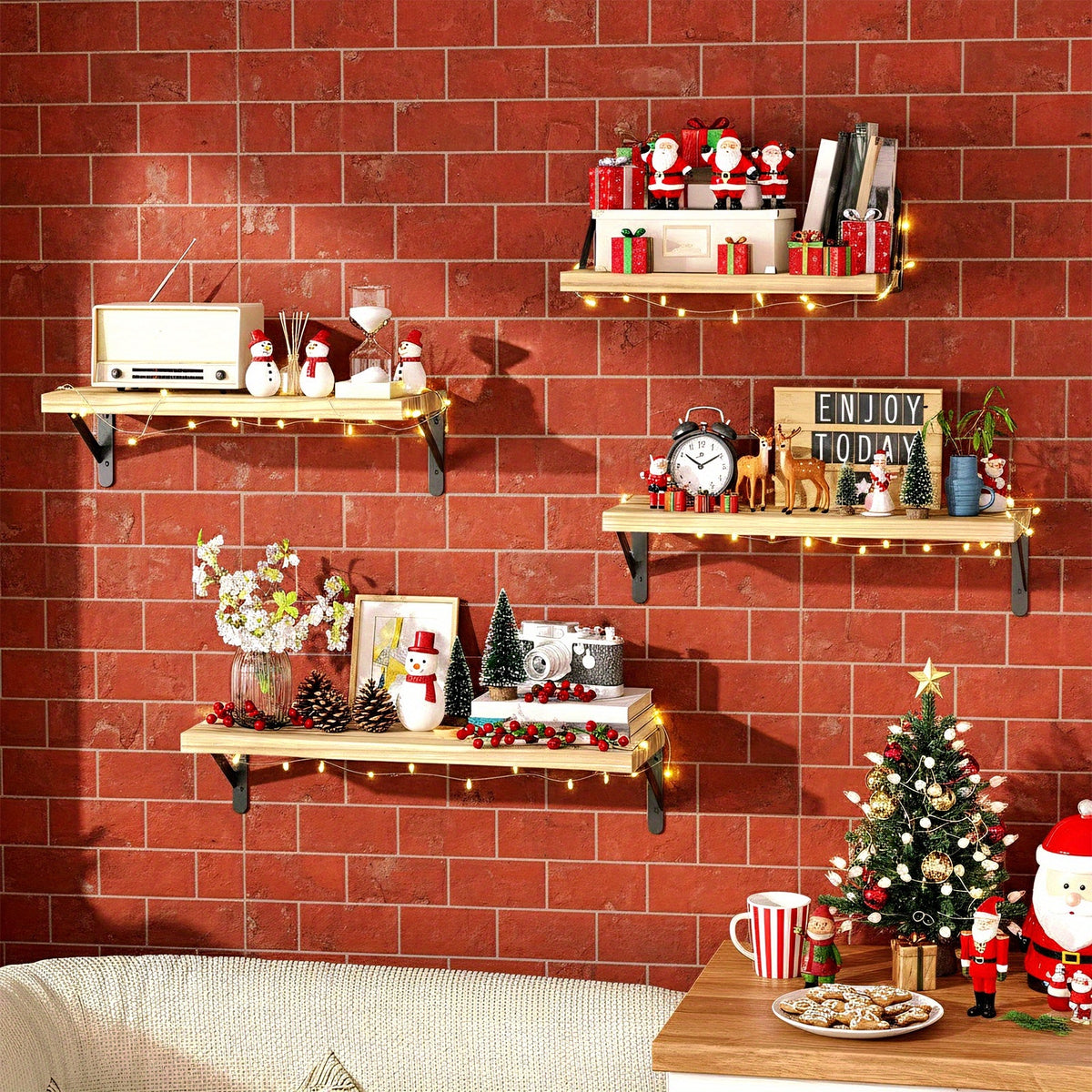 Floating Wall Shelves 4-Pack Wall Mounted Display Shelf for Bedroom Living Room Bathroom Plants Home Decor Storage Wood Color Walnut Black White Light Gray